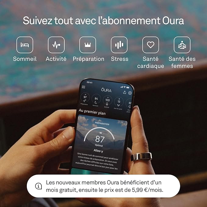 Application Oura affichant le suivi du sommeil, de l'activité, de la préparation, du stress, de la santé cardiaque et de la santé des femmes
