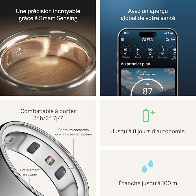 Précision Smart Sensing, boîtier entièrement en titane, jusqu'à 8 jours d'autonomie et étanchéité jusqu'à 100 mètres de l'Oura Ring 4