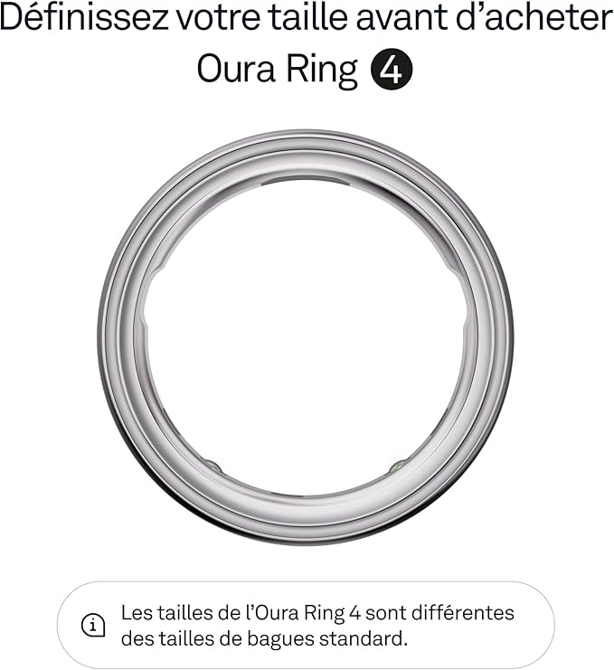 Vue de dessus de l'Oura Ring 4 — les tailles de l'Oura Ring 4 diffèrent des tailles de bagues standard